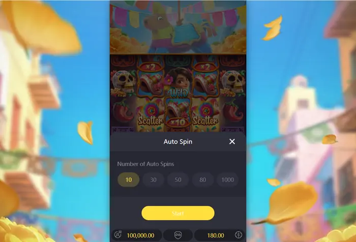 Pinata Wins Auto Spin settings screen with the number of rounds and stop control