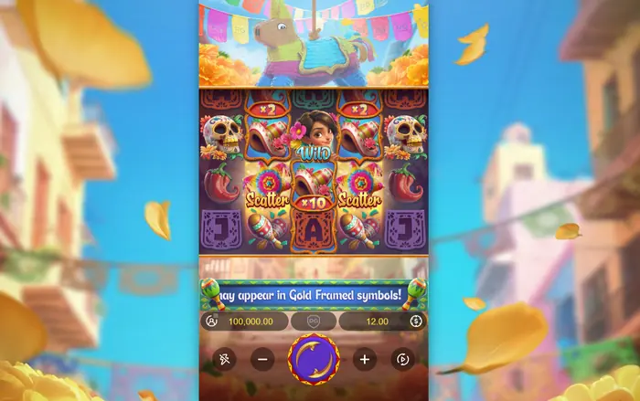 Pinata Wins interface showing spin controls, betting information and game buttons
