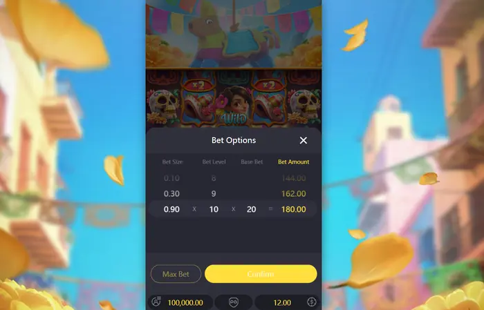 Pinata Wins bet settings showing Bet Size, Bet Level and Bet Amount options