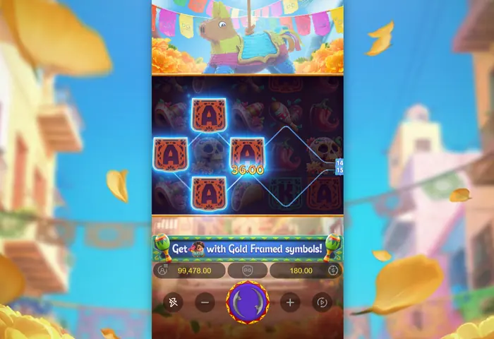 Pinata Wins screen illustrating winning combinations and cascade results